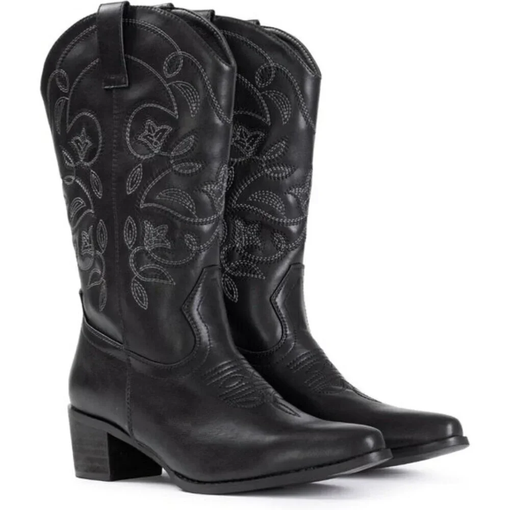⭐ IUV Women's Cowboy Boots | Western Embroidered Pointy Toe Mid-Calf Boots